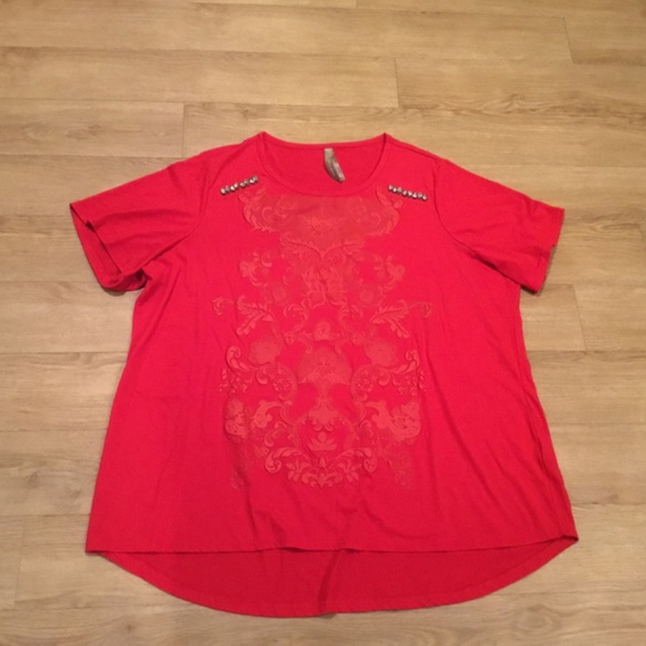 Portez Le Souvire Red Short Sleeve Top Size 2X - Picture 4 of 6